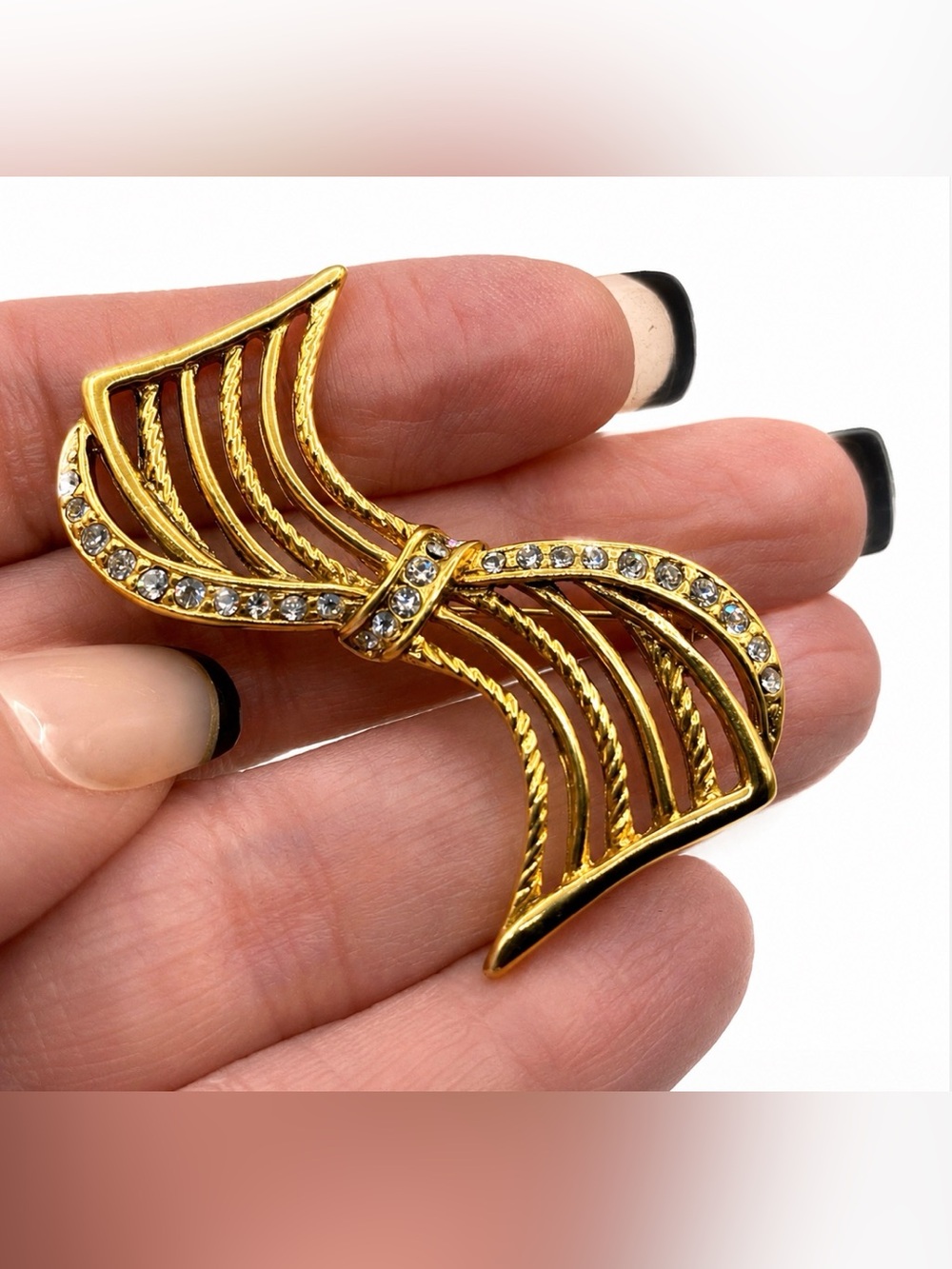 Rhinestone Bow Ribbon Brooch Pin Geometric Shaped Curved Line Vintage